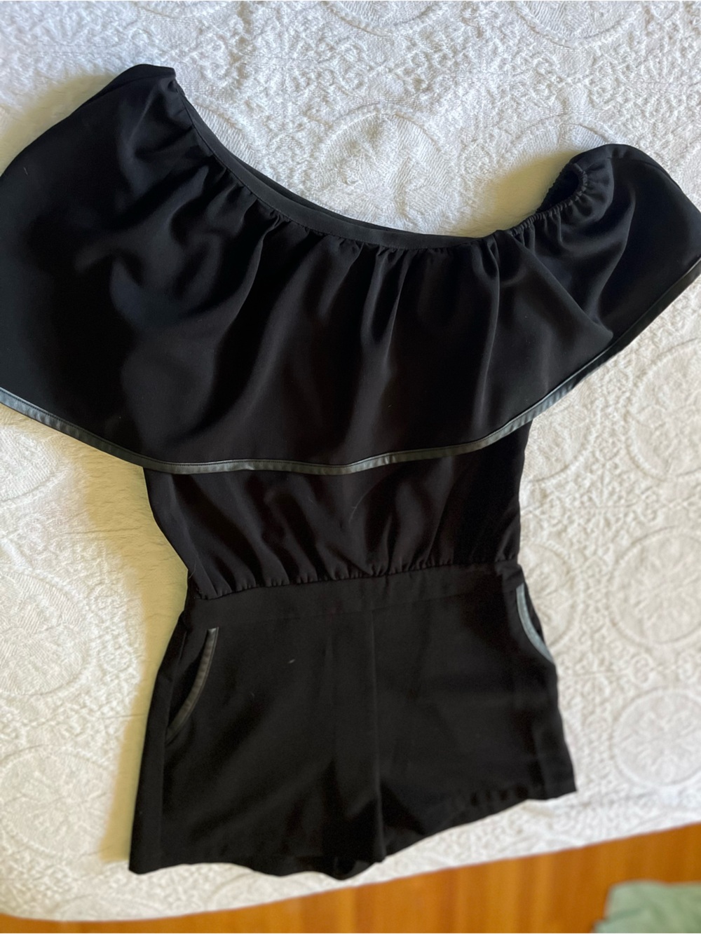 Black Structured off 1 shoulder ruffle romper